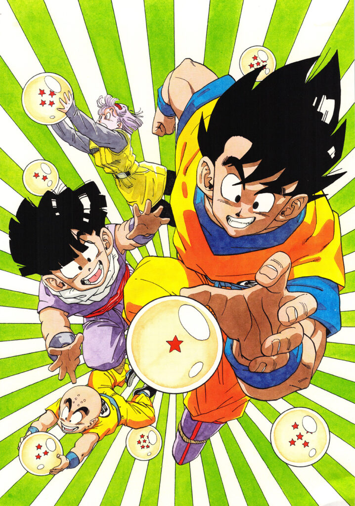 "Goku, Gohan, Krillin, Bulma" naptár illusztráció